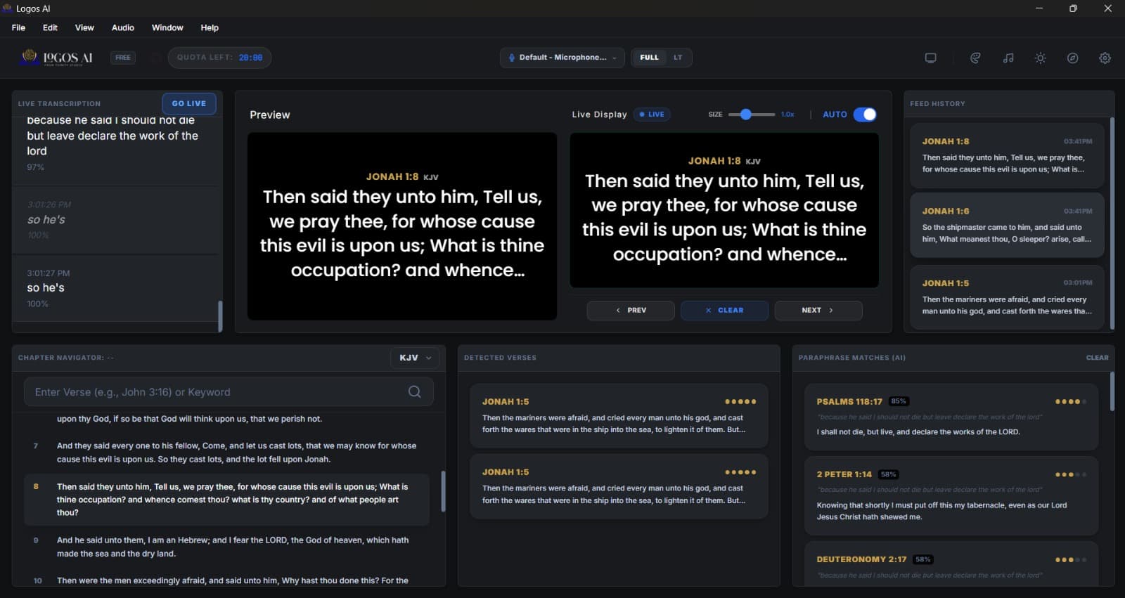 Live sermon display showing Bible verse